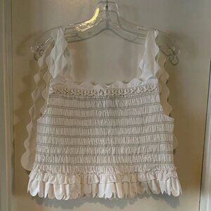 Horror Vacui White Ruffled Tank Top Self Tie sz L